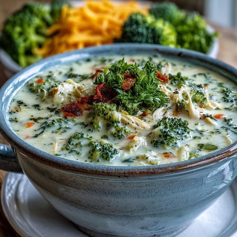 Hearty Chicken Broccoli Cheddar Soup, showing tender chicken and vibrant green broccoli.