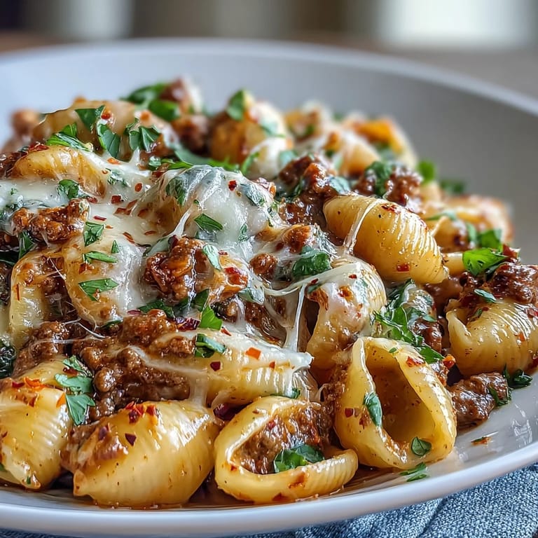 One pot creamy beef and shells, rich tomato sauce coating tender pasta.
