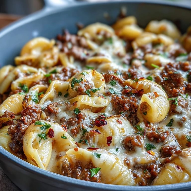 Hearty one pot creamy beef and shells, a cheesy weeknight meal ready.