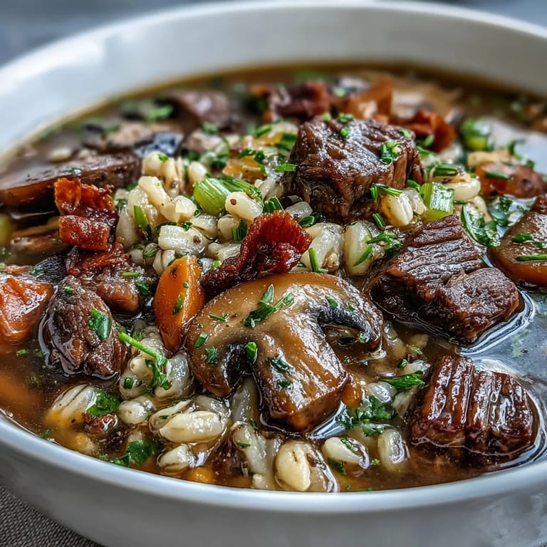 Hearty Beef and Barley Soup with Mushrooms served with crusty bread for a cozy meal.