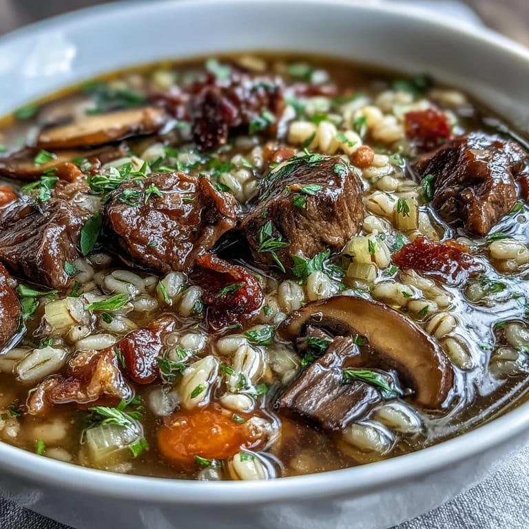 Dutch oven filled with simmering Beef and Barley Soup with Mushrooms, showcasing tender beef and pancetta.
