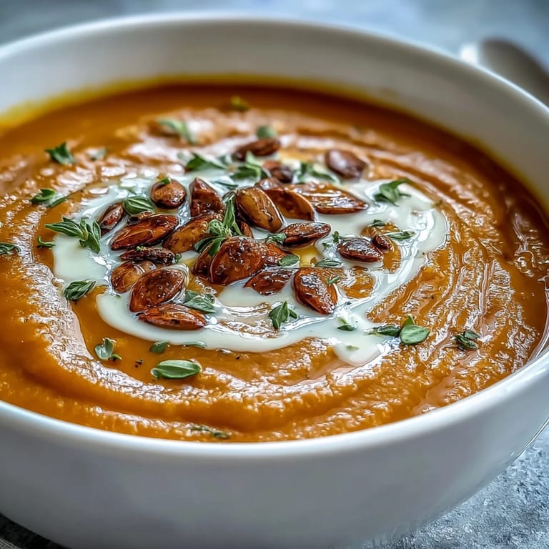 Golden-hued butternut squash soup with a creamy texture, served with crusty bread for dipping on the side.