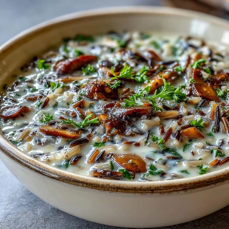 Steaming pot of homemade Wild Rice Mushroom Soup featuring wild rice, earthy mushrooms, and fresh herbs.