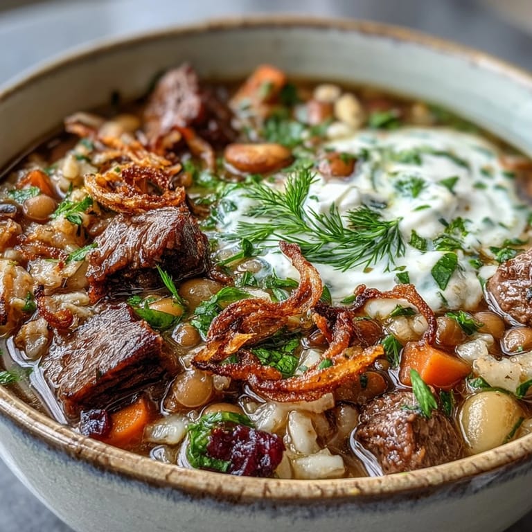 Spoon dipping into hearty Beef Barley Soup with tender beef, barley, lentils, and fresh herbs.