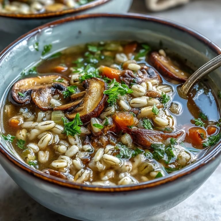 A ladle of hearty Mushroom Barley Soup shows chunky vegetables and tender barley.