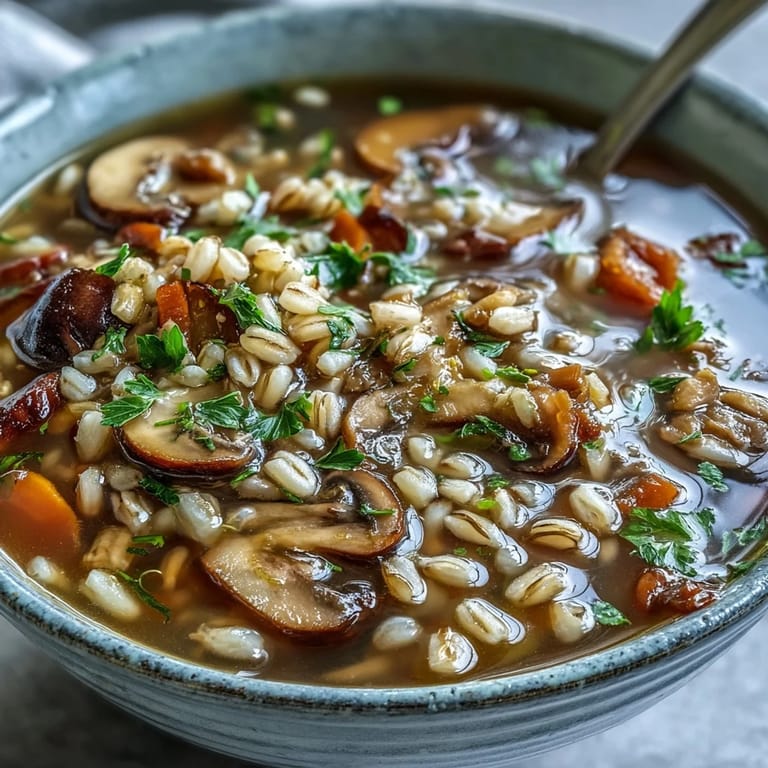 Mushroom Barley Soup served in a white bowl with crusty rye bread on the side.