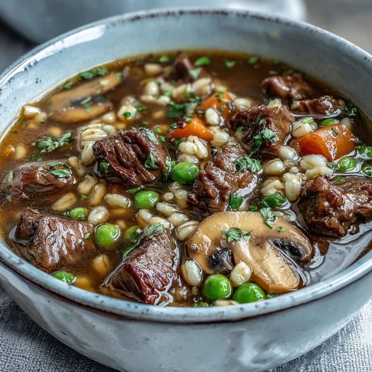 Homemade Beef and Barley Soup simmering in a Dutch oven, featuring carrots, potatoes, and mushrooms in a savory broth.