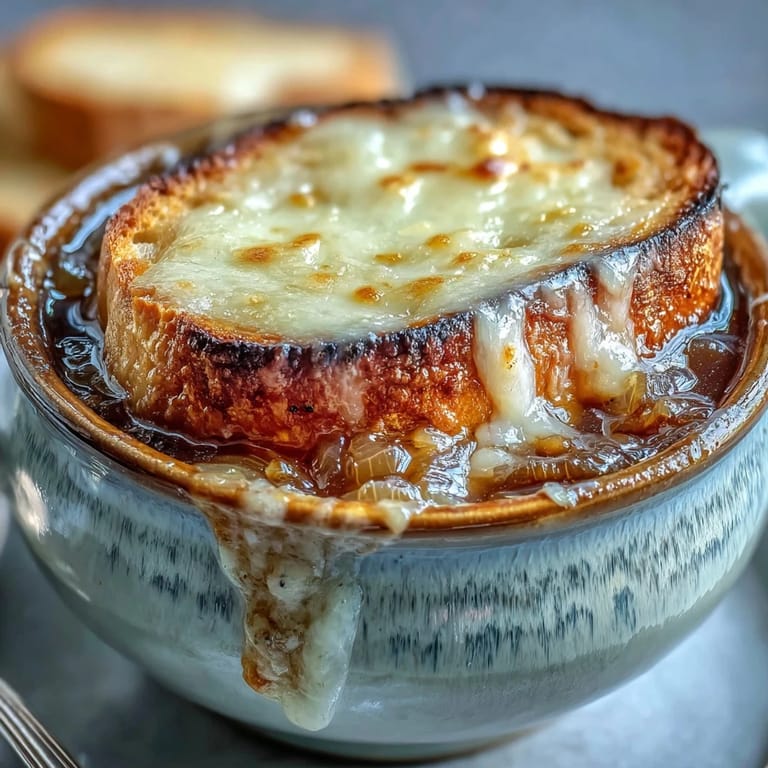 Steaming Classic French Onion Soup in an oven-safe bowl, featuring golden-brown cheese crust and savory broth.