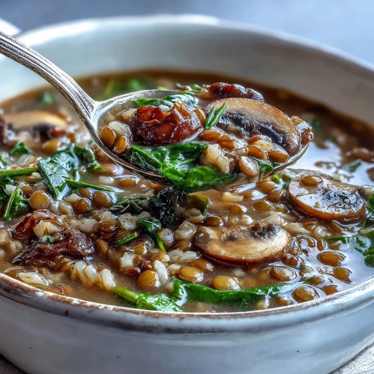 Rustic pot of protein-rich Double Lentil and Mushroom Barley Soup garnished with fresh parsley, served hot.