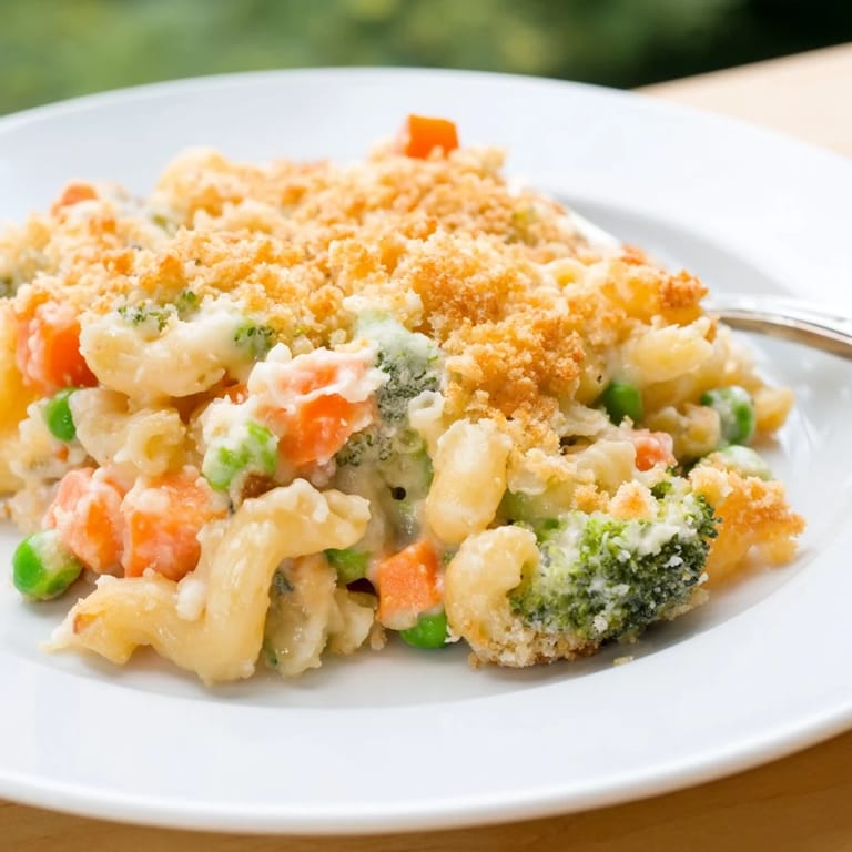 Close-up of Garden Veg Mac and Cheese featuring tender broccoli, carrots, and peas in creamy cheese sauce.