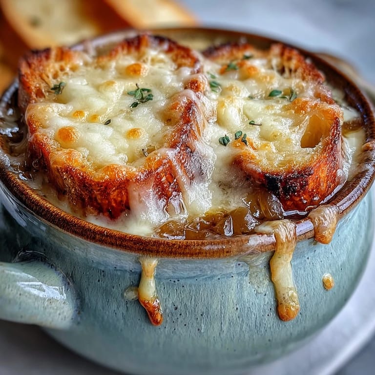 Classic French Onion Soup in an oven-safe bowl, featuring deeply caramelized onions and a spoon lifting melted cheese.