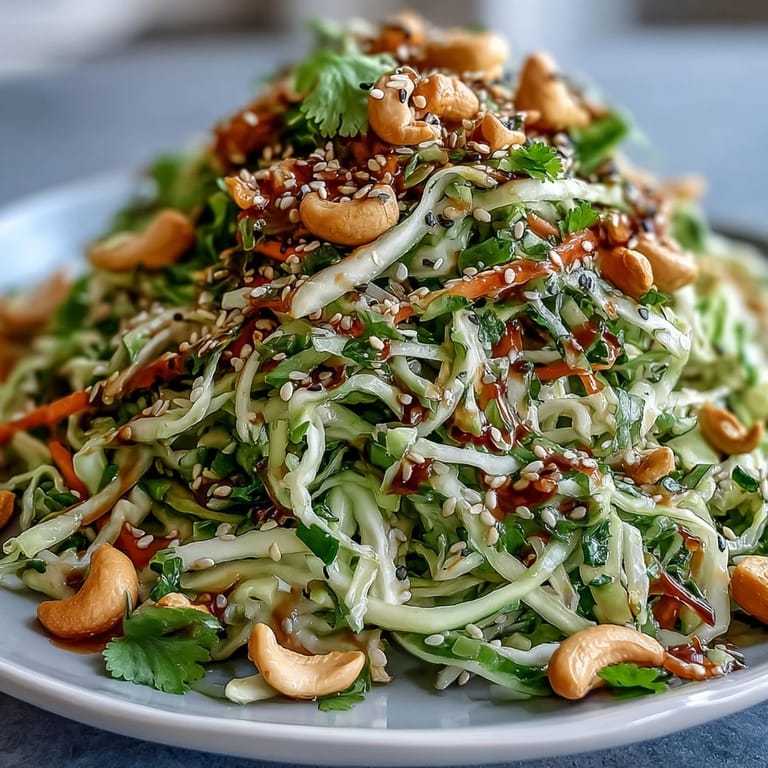 A fresh bowl of Asian Cabbage Salad topped with toasted sesame seeds and chopped cashews, tossed in a glistening sesame-ginger dressing.