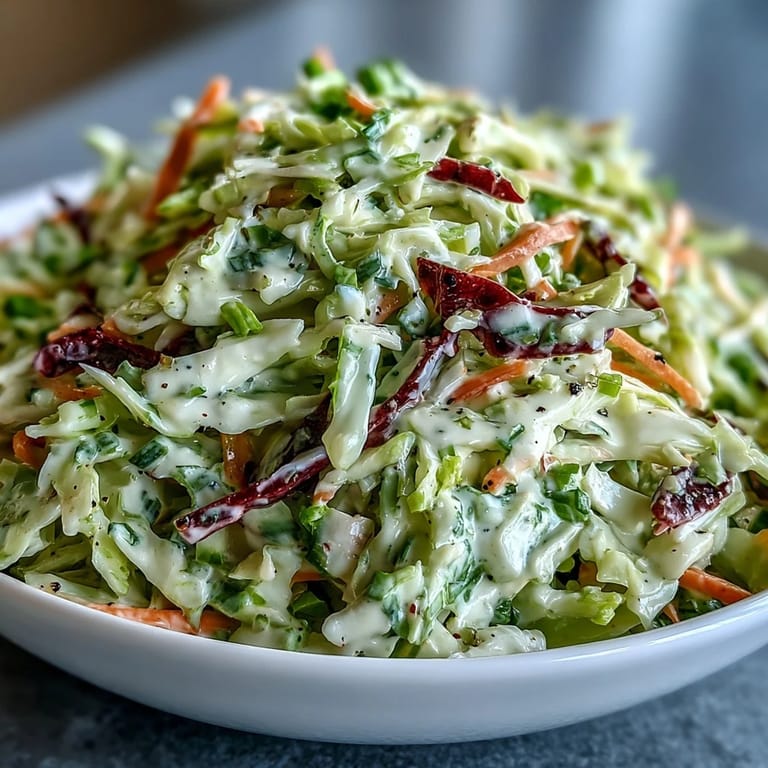 A classic Coleslaw With Creamy Dressing featuring crisp vegetables, topped with a sprinkle of celery seed for a savory finish.