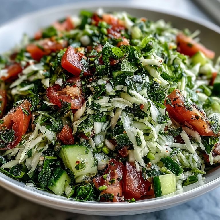 Finely shredded green cabbage tossed with cucumber and herbs in this vibrant Lebanese Cabbage Salad, served on a platter.