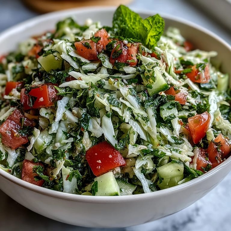 Close-up of Lebanese Cabbage Salad showing crisp texture, green onions, and zesty lemon dressing ready to serve chilled.