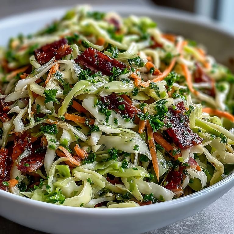 Shredded smoked ham adds savory depth to this German Cabbage Coleslaw, garnished with fresh parsley and vibrant carrots on a wooden board.