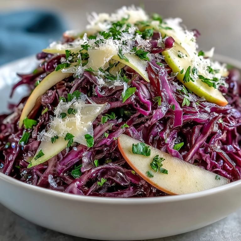 Vibrant Red Cabbage Coleslaw With Apple and Parmesan served on a rustic wooden table, featuring crisp cabbage, julienned apples, and savory shaved cheese.
