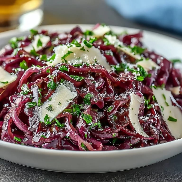 Healthy Red Cabbage Coleslaw With Apple and Parmesan garnished with fresh parsley, highlighting the colorful blend of purple cabbage and green apples.