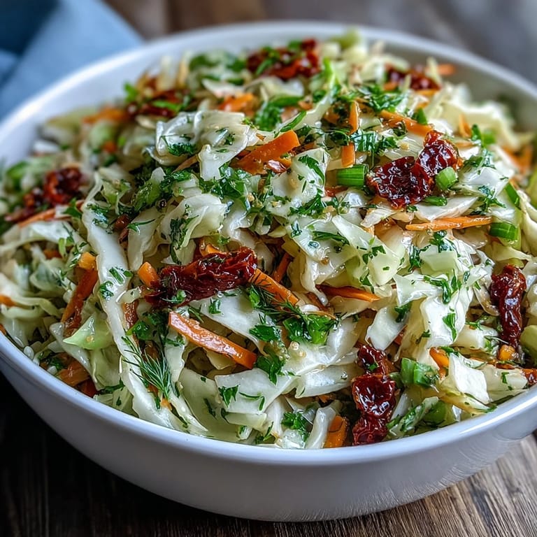 Freshly tossed Cabbage Salad With Sundried Tomatoes served in a white bowl, ready for a light lunch.