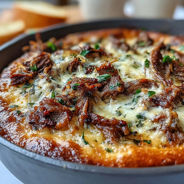 A warm bowl of Philly Cheesesteak Dip topped with sautéed peppers, onions, and shaved ribeye, ready for game day.