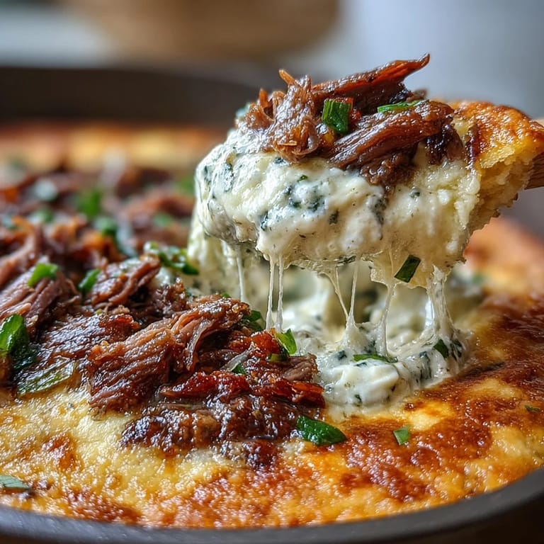 Freshly baked Philly Cheesesteak Dip bubbling in a skillet, featuring creamy provolone and tender steak, paired with crusty bread.