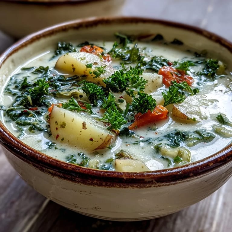 Steaming bowl of Creamy Potato Soup with Cabbage, featuring tender russet potatoes and carrots peeking through the velvety texture.