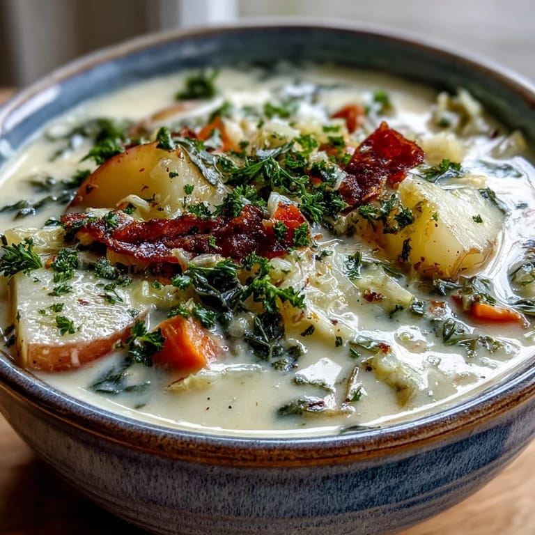 Vibrant green cabbage and diced carrots in Creamy Potato Soup with Cabbage, topped with chopped parsley on a rustic table.