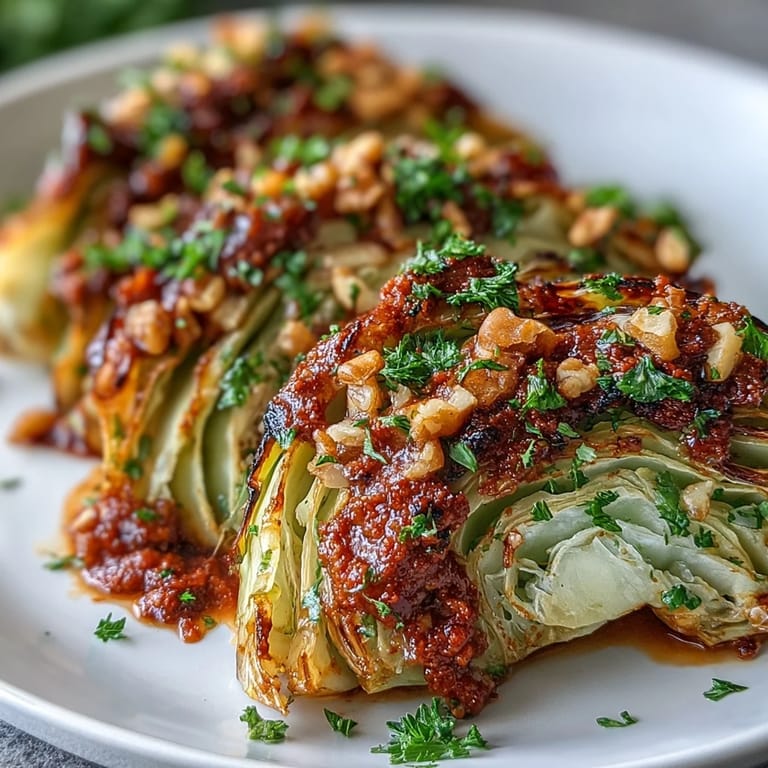 A platter of warm Baked Cabbage Salad with Winter Romesco sauce, served as a cozy Spanish-inspired side.