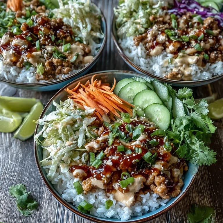 A serving of bang bang ground turkey rice bowl with sesame seeds and scallions, ready to eat with lime.