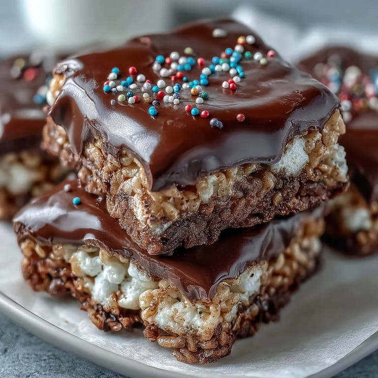 Melted chocolate being poured over fresh Rice Krispy Treats in a pan, creating a rich, shiny topping for dessert.