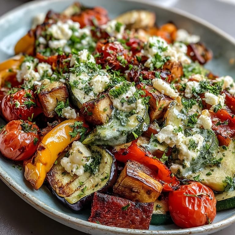 Crispy Roasted Mediterranean Greek Vegetables served as a colorful side dish alongside grilled chicken.