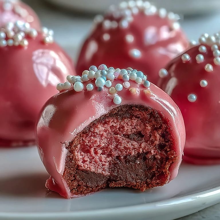 Close-up of an Oreo Truffle Ball dipped in pink candy coating, highlighting the smooth, shiny finish and rich texture.