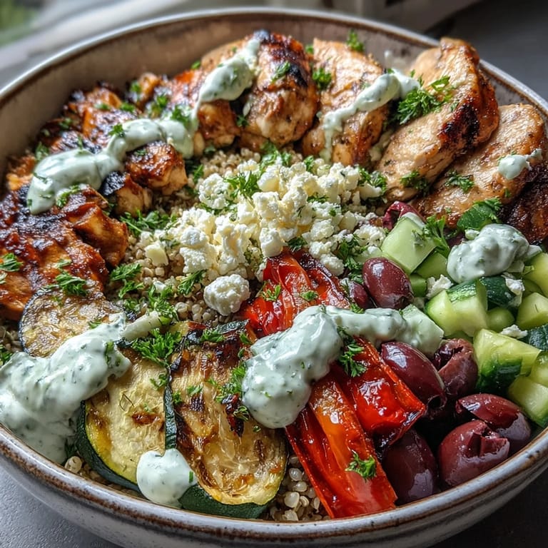 Close-up view of a wholesome Mediterranean bowl featuring feta crumbles, diced cucumbers, and fresh parsley on a bed of nutty quinoa.