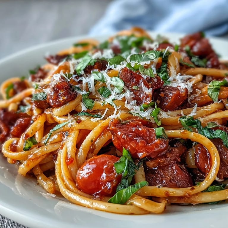 Steaming plate of Italian Drunken Noodles with plump shrimp, onions, and garlic, lightly garnished with fresh basil, parsley, and grated Parmesan cheese.