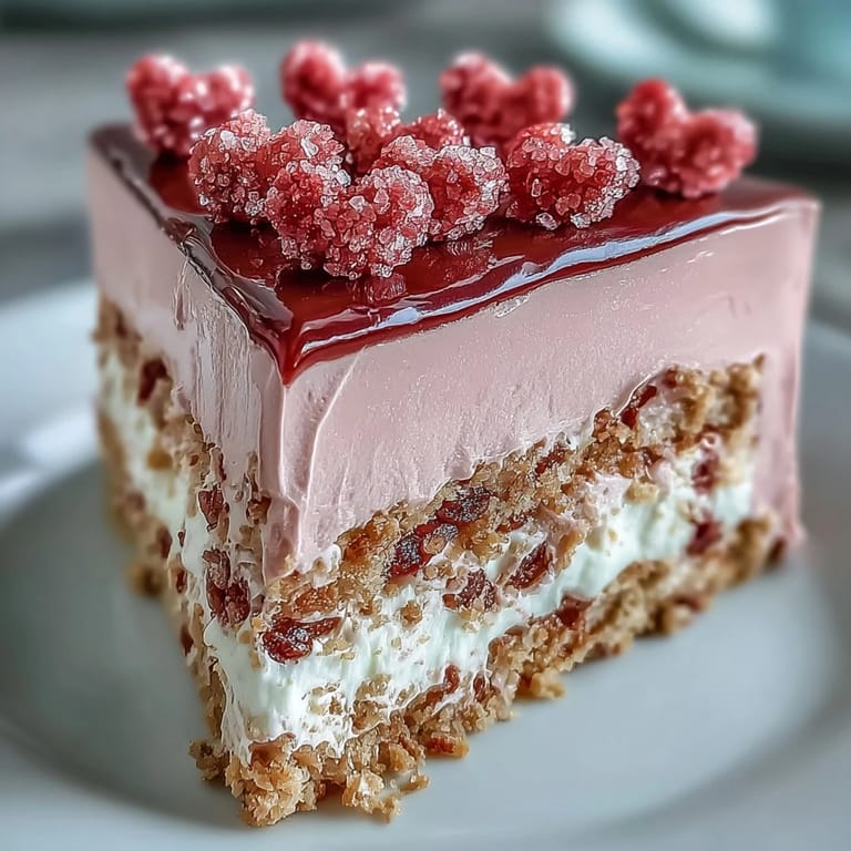 Chilled no-bake Candy Hearts Fake Cake on white plate with graham cracker crust and creamy filling.
