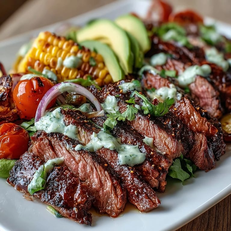 Charred corn and tender steak slices are arranged over rice, topped with avocado, tomatoes, and red onion in this savory bowl.