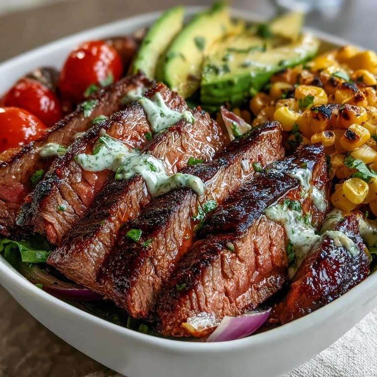 Juicy flank steak, charred corn, and avocado sit atop grains, ready to be dressed with creamy cilantro sauce and lime.