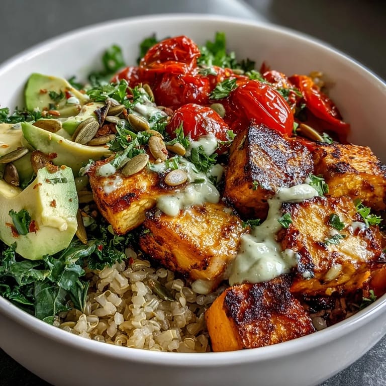 Savory Customizable Grain Bowl featuring brown rice, chicken, chickpeas, and crisp fresh veggies.