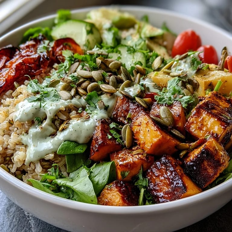 Nourishing Customizable Grain Bowl with quinoa, tofu, cucumbers, and vibrant cherry tomatoes.