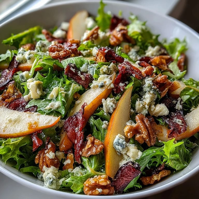 Close-up of Frisée Pear Blue Cheese Bowl, showcasing blue cheese crumbles, toasted walnuts, and glistening vinaigrette.