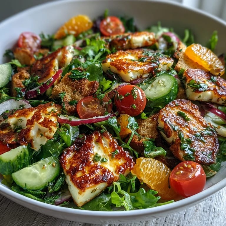 Fried halloumi cheese rests on vibrant mixed greens, cucumber, and tomatoes in this zesty Halloumi Blood Orange Fattoush salad.