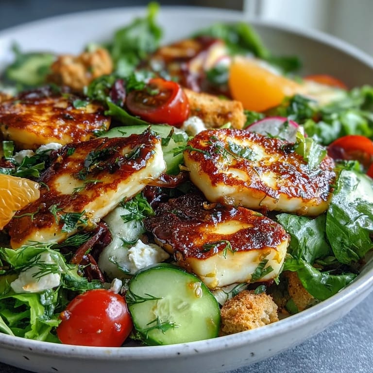 A vibrant Halloumi Blood Orange Fattoush salad tossed with sumac dressing, featuring warm cheese and bright citrus segments.