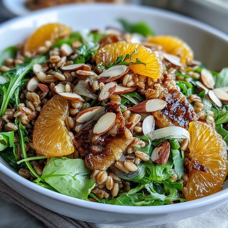 Vibrant Farro Salad Bowl with Fennel, Oranges & Almonds tossed with crisp fennel, red onion, and a light citrus vinaigrette.  