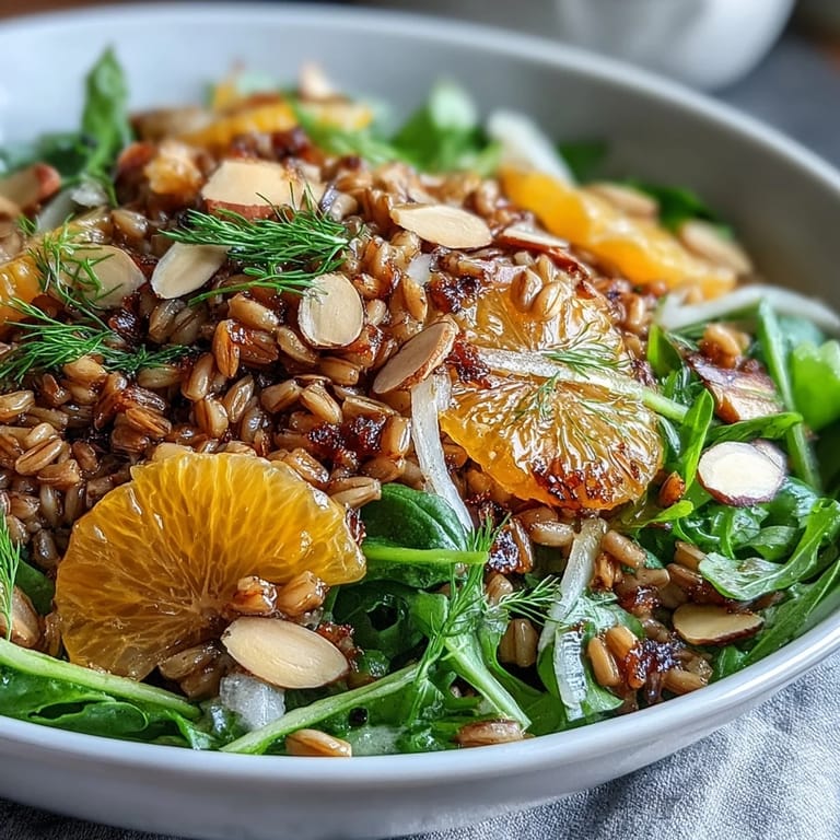 A freshly plated Farro Salad Bowl with Fennel, Oranges & Almonds served as a Mediterranean-inspired vegetarian main dish.