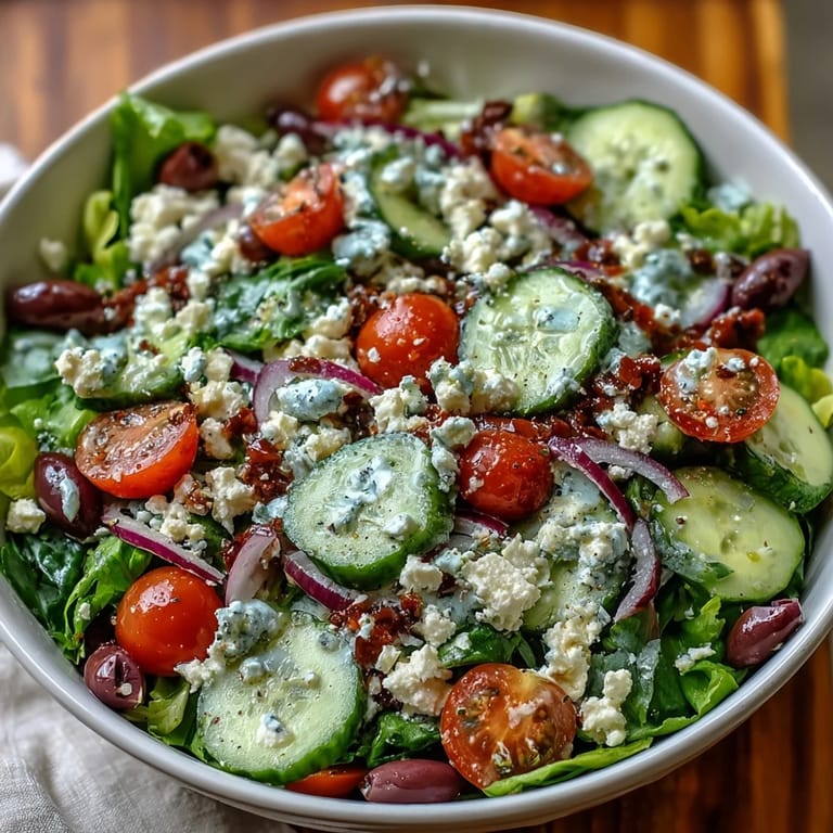 Freshly prepared Mediterranean Green Salad Bowl featuring crunchy cucumbers, briny Kalamata olives, and vibrant red onion on a bed of greens.  