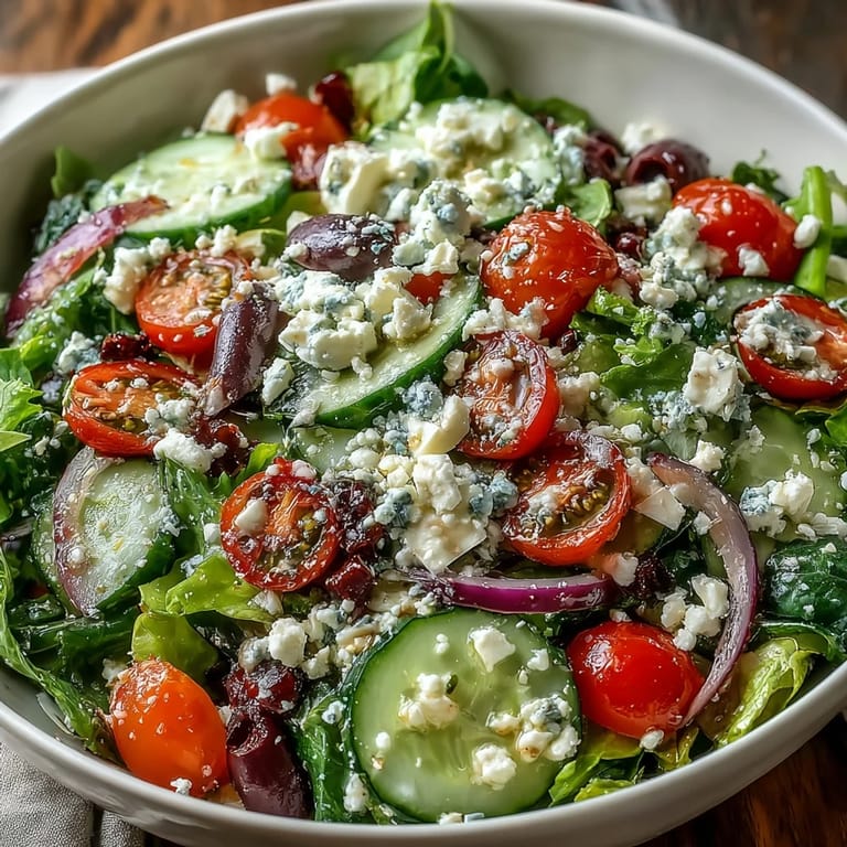 This colorful Mediterranean Green Salad Bowl is topped with crumbled feta and drizzled with oregano Greek dressing for a light, refreshing meal.