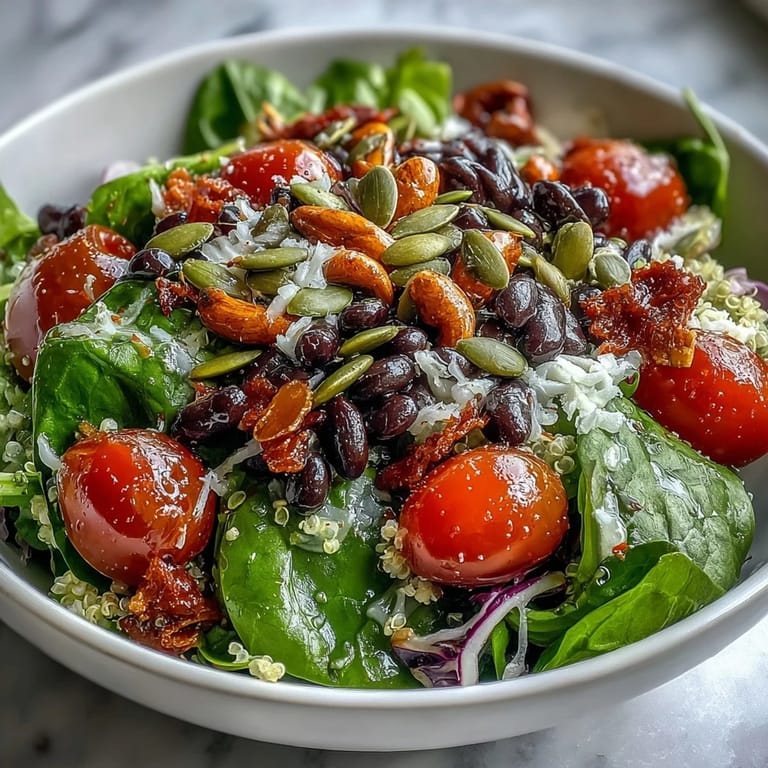 A close-up of a wholesome Rainbow Salad Bowl, showcasing creamy avocado, juicy tomatoes, and toasted pepitas for a satisfying lunch.