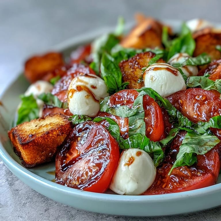 Fresh Caprese Salad Bowl featuring golden toasted bread, ripe cherry tomatoes, and fragrant basil leaves, finished with olive oil and pepper.