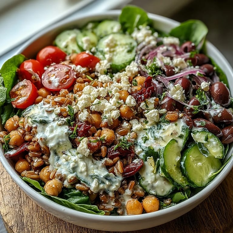 Hearty Mediterranean farro bowl with chickpeas, olives, and spinach, served in a white bowl ready for lunch.