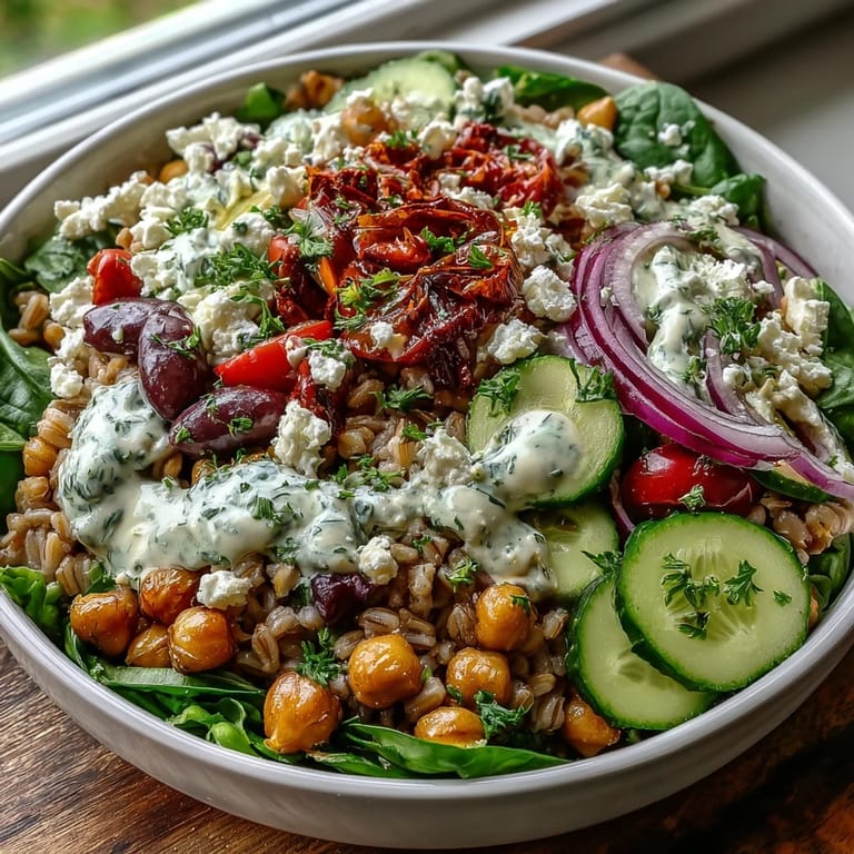 Close-up of a Mediterranean farro bowl with diced cucumbers, tomatoes, and bell peppers drizzled with tahini dressing.
